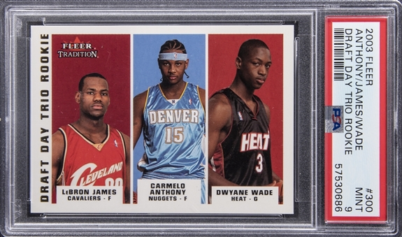 2003-04 Fleer Tradition Draft Day Trio Rookie #300 LeBron James/Dwyane Wade/Carmelo Anthony Rookie Card (#197/375) - PSA MINT 9